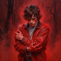 a detailed painting with Mike Wheeler of Stranger Things being held by the red dust, rain, fear, traces by Andrew Ferez, cg society, fantasy art, biomorphic, mystical, whimsical