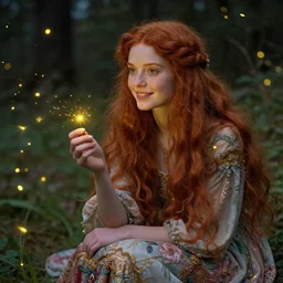 a young woman, admiring the lights of golden fireflies, sitting in the midst of nature fully covered with a wonderful dress, long loose red hair, intricate details, green eyes, small nose with freckles, oval shape face, soft happy smile, realistic, expressive emotions, hyper realistic highly detailed art by albert bierstadt and artgerm