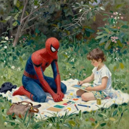 picknick with spider man in the garden, painting in style of John Singer Sargent,