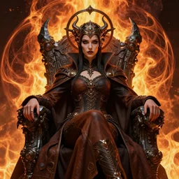 dark evil steampunk pyromancer woman, detailed facial features, ornamental halo, black shirt, brown body, coat, intricate robes, sitting on obsidian throne, fractal fire background, sharp focus, highly detailed, cinematic lighting, studio quality, colorful, smooth render, unreal engine 5 rendered, octane, rendered, by artgerm, greg rutkowski, alphonse mucha