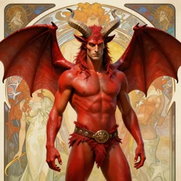 red demon kellan lutz in a loincloth, large horns, bat - wings, handsome, vivid colors, background, alphonse mucha, rhads, ross tran, artstation, artgerm, octane render, 1 6 k