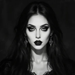 black and white digital art painting portrait of elegant gothic lady with earrings, high quality, dark background, mystic, perfect lighting, high contrast, arstation, artgerm, wlop, 4 k