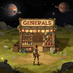 in front of a [ [ [ general store ] ] ] in a remote outpost, on an alien planet, from a space themed point and click 2 d graphic adventure game, set design inspired slightly by tomb raider, art inspired by abraham hunter