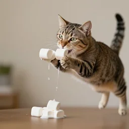 cats eating melted marshmallows while flying