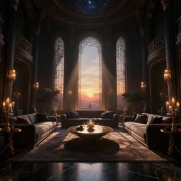 videogame screenshot of a very dark dreamy luxury celestialcore maximalist living room, candlelight, sunset glow, dark shadows, god rays, chiaroscuro, backlit, octane render, volumetric lighting, raytracing, symmetrical wide shot low angle