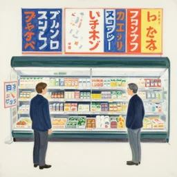 a japanese supermarket in the style of daniel johnston and jean dubuffet and peter doig, 8 k, line brush, minimal, overlaid with japanese adverts