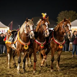 horses dressed in festival clothes at a festival, night time