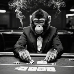 monkey in a suit smoking a cigar and playing poker in a casino, 5 0 mm, black and white photo