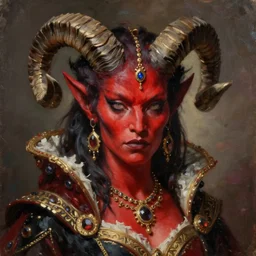 painted close - up portrait of an attractive red - skinned intimidating demon queen with ram horns. oil painting, wearing a noblewoman's outfit, fantasy art by greg rutkowski and john singer sargent and gaston bussiere, demon noble character design