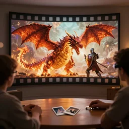 3 d firedragon popping out of curved movie screen, fighting a shielded knight, volumetric lighting, bedroom, visor, users, pair of keycards on table, bokeh, creterion collection, shot on 7 0 mm, instax