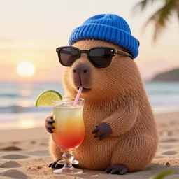 a photorealistic photograph of a knitted cute Capybara wearing sunglasses and dressed a blue beanie cap. The subject is sipping a refreshing Mai Tai drink cocktail at the beach during sunset. This image is Trending on Artstation, featured on Behance, well-rendered, extra crisp, features intricate detail, Unreal Engine, 4K HD