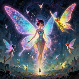 fairies, different sizes, big, small, colorful, neon, powerful, entity, particles, by Ross Tran, Basil Gogos,  Laurie Lipton, Zdzisław Beksiński, Junji Ito, Laurie Lipton,  and Michael Whelan, distant, gustav dore, H.R. Giger, 8k, hd, 4k, hyper, realistic, render