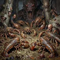 painting varied filthy rugated armored crustaceans clawing & terrified as massive brutalist structure, claustrophobic, fail drag race, nasty muck, cilia sporing pox, evil, clustered horror, by virgil finlay, vincente b ballestar, by francesco blanc, geof darrow, bisley, & by jack gaughan high resolution, hyper detailed