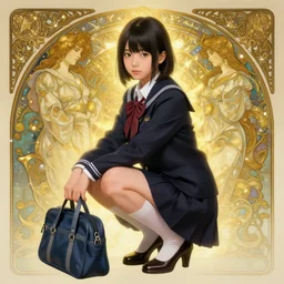 a digital concept art by artgerm and greg rutkowski and alphonse mucha. full body!! clear portrait of a squatting attractive japanese school girl in uniform!! sit on heels!! school bag, light effect. hyper detailed, character concept, glowing lights!! intricate, elegant, digital painting, artstation, smooth, sharp focus