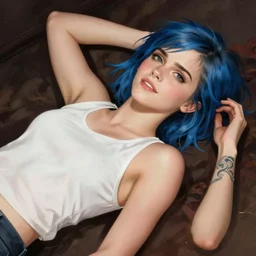 Sensual beautiful perfect Emma Watson as Harley Price from Life is Strange , short blue hair , tatoo at right arm , white tank top , portrait , elegant , intricate , digital painting , artstation , full body shot , lying , concept art , smooth , sharp focus , illustration , art by artgerm and greg rutkowski and alphonse mucha