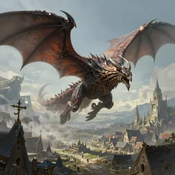 deathwing flying over a village, artstation hall of fame gallery, editors choice, #1 digital painting of all time, most beautiful image ever created, emotionally evocative, greatest art ever made, lifetime achievement magnum opus masterpiece, the most amazing breathtaking image with the deepest message ever painted, a thing of beauty beyond imagination or words