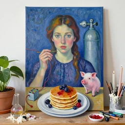 self - portrait of a female art student, scientific equipment, fresh fruit, berry stains, pancakes, berries, electrical wires, battery, oxygen tank, pig, scientific glassware, houseplant, art supplies, candles dripping wax, neoimpressionist, surrealism, acrylic and spray paint and oilstick on canvas