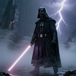 sith lord with lightsaber, fog on the ground, heavy rain, lightning, moody lighting, shallow depth of field,