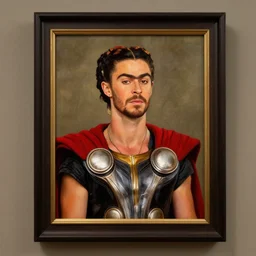a framed portrait of chris hemsworth as thor by frida kahlo