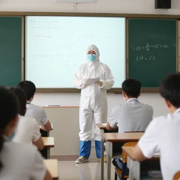 a maths teacher wearing an anti covid suit, photo taken from inside of the class room, boring lesson