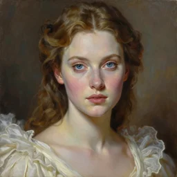 exquisite oil painting on canvas of gwendoline christie portraying lucifer, woman's portrait, gorgeous face, finely detailed facial features, goldilocks, porcelain looking skin, intense gaze blue eye, unique, intricate digital art, stunning ivory dress, elegant, majestic, 4 k, ultra high quality, aesthetically pleasing, canon, hyperrealist, by annie leibovitz