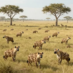 colony of beautiful elegant otherworldy animals+hyenas, landscape, fantasy, sci-fi, concept art, speculative evolution, 4k ultra hd, digital art