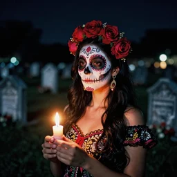 film photograph of beautiful Mexican woman, age 20s, in sugar skull makeup, illuminated by candlelight, in a cemetary at night, cinestill 800, 85mm