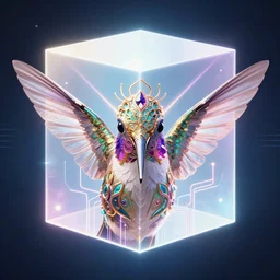 symmetry!! hummingbird face goddess, centered, solid cube of light, hard edges, product render retro - futuristic poster scifi, lasers and neon circuits, beautiful hummingbird face, intricate, elegant, highly detailed, digital painting, artstation, concept art, smooth, sharp focus, illustration, dreamlike, art by artgerm