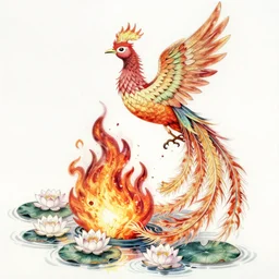 A phoenix in fire bathes where water lilies are floating, lithography by Aubrey Beardsley, High definition, detailed,