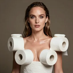nathalie portman wearing a risque outfit made from rolls of toilet paper, female beauty, half body portrait, greg kutkowski, sharp details, soft lighting, subsurface scattering, pearls of sweat, glistening skin, warm lighting