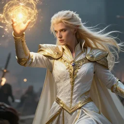 dramatic masterpiece Greg Rutkowski closeup of an aasimar paladin with platinum blonde hair wearing white and gold vestments under armor casting a holy ritual with golden magic on a battlefield, detailed, dynamic pose realistic, 4k, pensive, dungeons and dragons, dramatic lighting, trending on Artstation, sharp focus, elegant