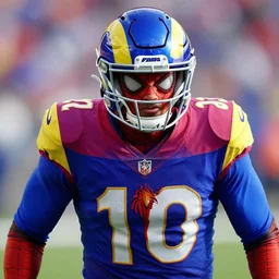 a closeup photorealistic photograph of a spider man themed la rams football player in play. professional capture. bright scene. this 4 k hd image is trending on artstation, featured on behance, well - rendered, extra crisp, features intricate detail, epic composition and the style of unreal engine.