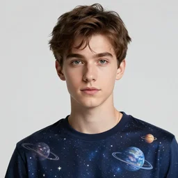 The beginning of time, portrait of a beautiful young man, in hyper detail, dressed in stars and planets, extreme hyper detail, dramatic, fantasy lighting, matte print, digital art, cute smile, beautiful eyes, digital painting, fan art, pixiv, elegant, Ilya Kuvshinov style, Studio Ghibli