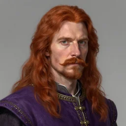 half - length portrait of a 6 0 - year - old human male noble with long red hair, mustache and soul patch, no beard, purple noble clothes, medieval setting, detailed face, highly detailed, artstation, concept art, sharp focus, by greg rutkowski, craig mullins, artgerm