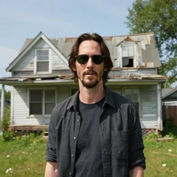 native canadian man who looks a bit like keanu reeves, but not too much, with sunglasses, wearing an old, run-down house