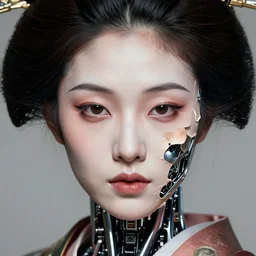 organic geisha cyborg, face skin peeling open to reveal metal robot face inside, fine - face, realistic shaded perfect face, fine details. anime. realistic shaded lighting poster by ilya kuvshinov, magali villeneuve, artgerm, jeremy lipkin and michael garmash and rob rey