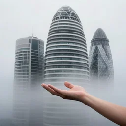 arm reaching out of thick fog, tall buildings in background, stacked buildings, rounded architecture, smooth, sophisticated, zdzislaw beksinski, architecture of frank lloyd wright, zaha hadid, norman foster