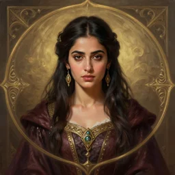 head-on symmetrical centered painted portrait, Mahira Khan as a D&D wizard, medieval robes, fantasy, intricate, elegant, highly detailed, digital painting, smooth, sharp focus, illustration, artstation, in the style of Artgerm and Anna Podedworna and Alex Ross