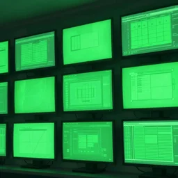 a wall of monitors glowing green, retropunk flat art background, cinematic view, detailed, concept art, high detail, warm lighting, volumetric, godrays, vivid, beautiful, trending on artstation, by jordan grimmer, huge scene, grass, art greg rutkowski