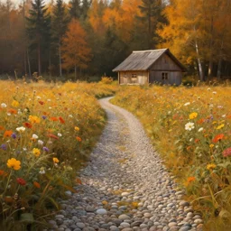pebble path through a flower field leading to a hut. forest in the background. warm autumn day. atmospheric lighting. highly detailed digital painting by greg rutkowksi. sharp focus, 8 k.