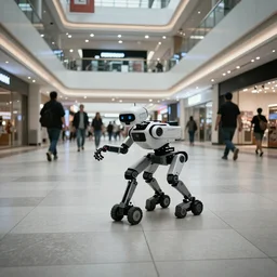 camera footage of a Darpa Robot hunting people in an abandoned shopping mall, high exposure, dark, monochrome, camera, grainy, CCTV, security camera footage, timestamp, zoomed in, fish-eye lense, Robot, Drone, Intense, Darpa,