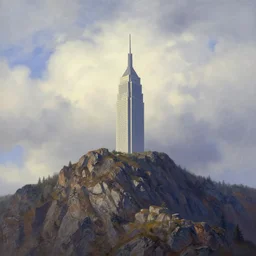 lone skyscraper standing on the top of a rocky mountain by Thomas Kinkade, detailed, clouds, trending on artstation