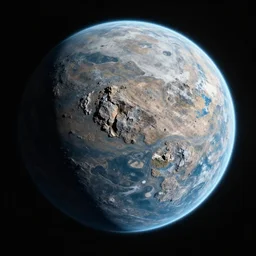 realistic photo of a rocky alien planet with water seen from an space probe, with blue and yellow continents, unreal engine, blender.