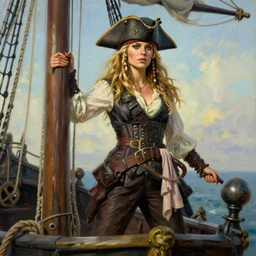 a beautiful, fierce, blonde, well - dressed, young, pirate woman, standing in the crow's nest of her ship, realistic, hyperdetailed, artstation, cgsociety, 8 k, 1 7 3 0 s oilpainting