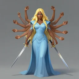 Alluring Mesmer Woman, grown up, light yellow hair, blue eyes, dark brown skin, Light blue robes, covered, and dual swords, multiple illusory arms, full body picture, by Frank Franzetta, cgsociety, artstationHD, safebooru, high quality, HD