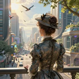 portrait of a victorian lady in a futuristic city, from behind, streets, birds in the sky, sunlight and rays of light shining through trees, tall buildings on the sides, beautiful, solarpunk!!!, highly detailed, digital painting by Michael Garmash and Peter Mohrbacher