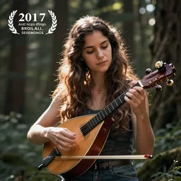 a photo of a young woman with long hair playing mandolin in the wilderness