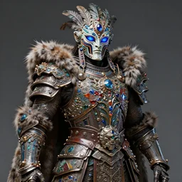 fantasy art hyper ultra 4 k photo of a bizarre metal colorful armor warrior blue glowing eyes mask made of ceramic gem fur and feather trim intricately spectacular magnificently story carved by a master engraver by h. r. giger