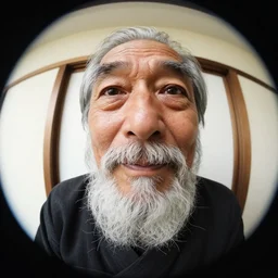 Fisheye selfie of an old japanese man with long beard, extreme fisheye