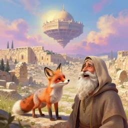 a adorable small fox in the huge ruins of the second temple in jerusalem at a distance, dreamy sky, the third temple hovers quietly hiding in the sky above, in the foreground we see a man in a hooded tunic and a long white beard laughing very colorful painting 8 k trending on art station, intricate superb details, digital art, cinematic blur bokeh defocus dof sky by afremov.